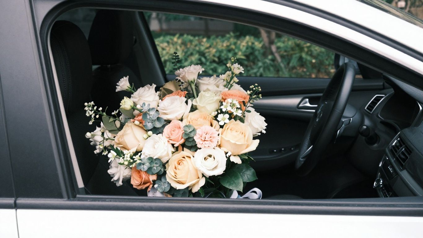 A secured bouquet sitting safely in a car seat