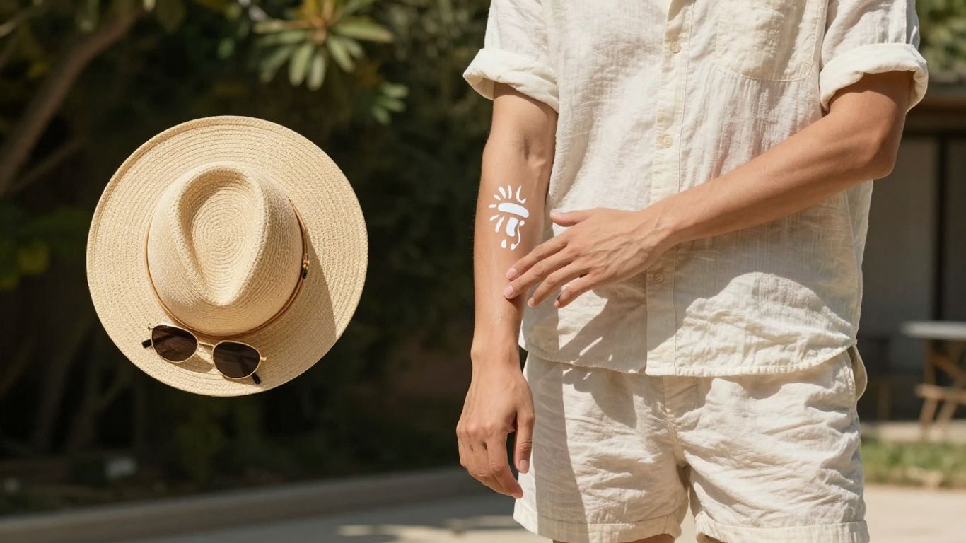 Person in light clothes applying sunscreen on a sunny day.