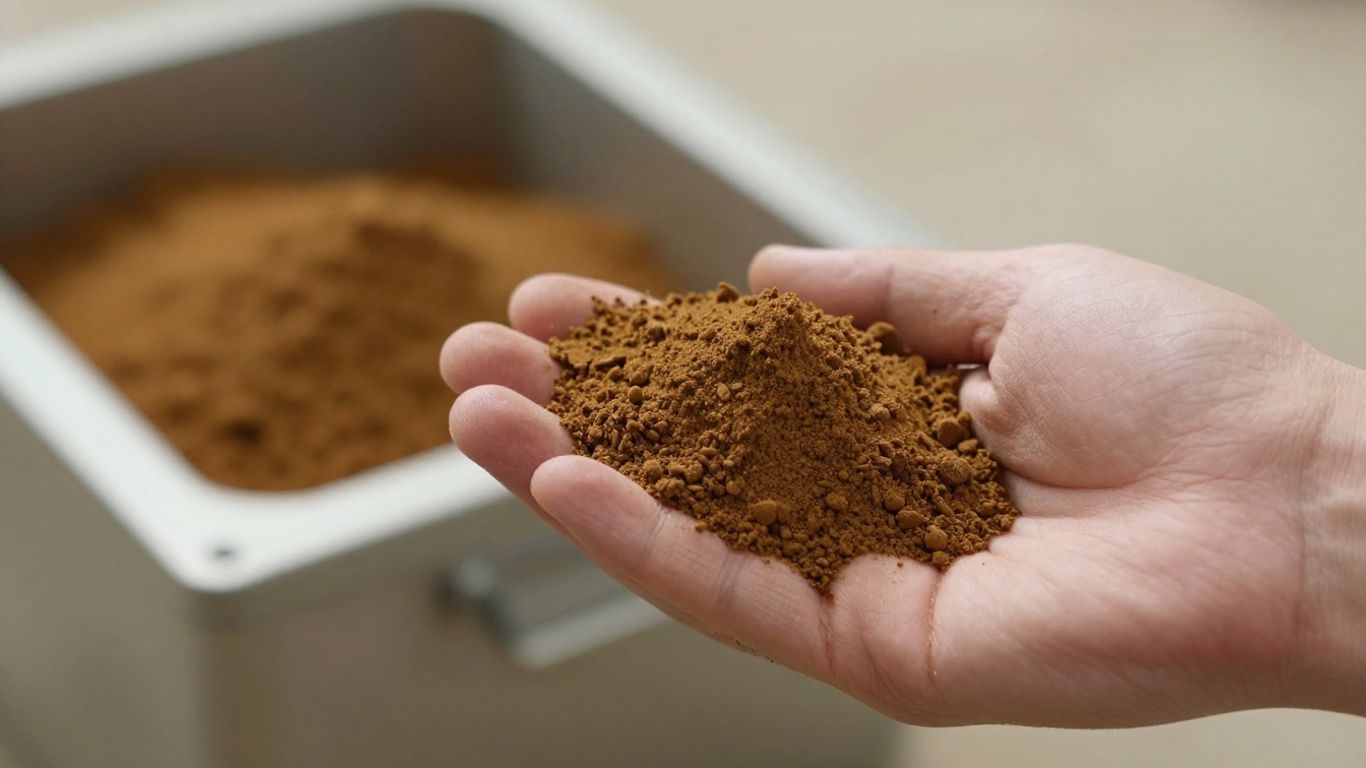 Łyżka z roślinnym białkiem na tle paszy dla zwierząt.