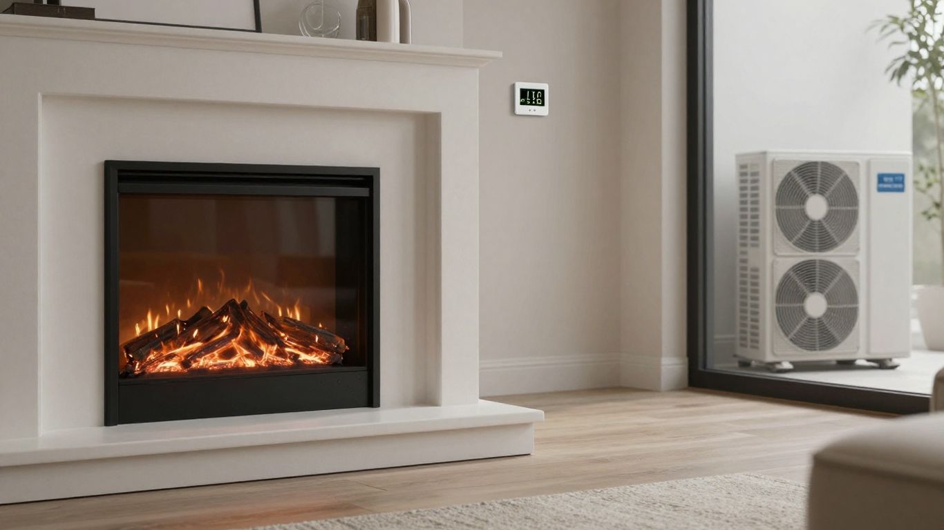 Modern home heating systems: fireplace, heat pump, furnace.