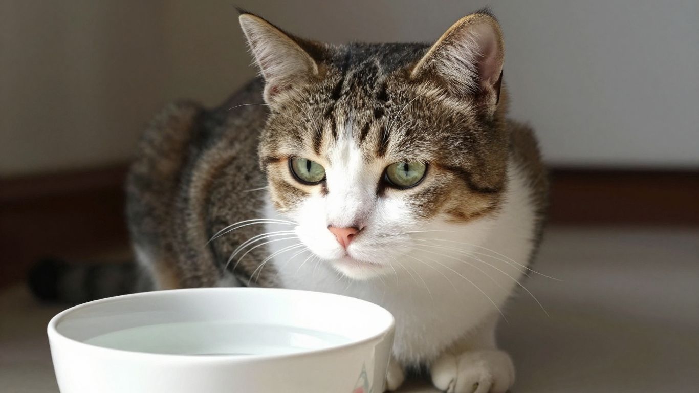 Gato perto de uma tigela de água cheia.