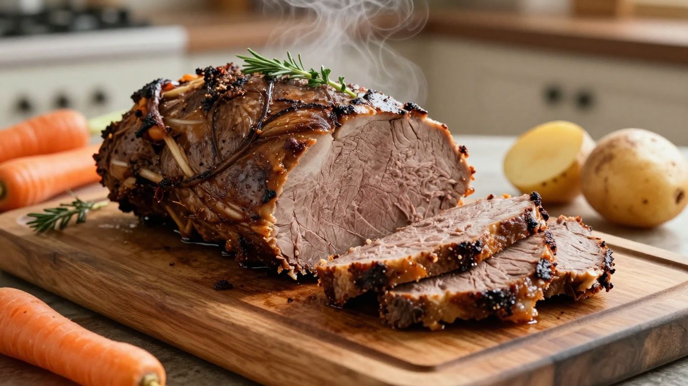 Sliced venison roast with carrots and potatoes