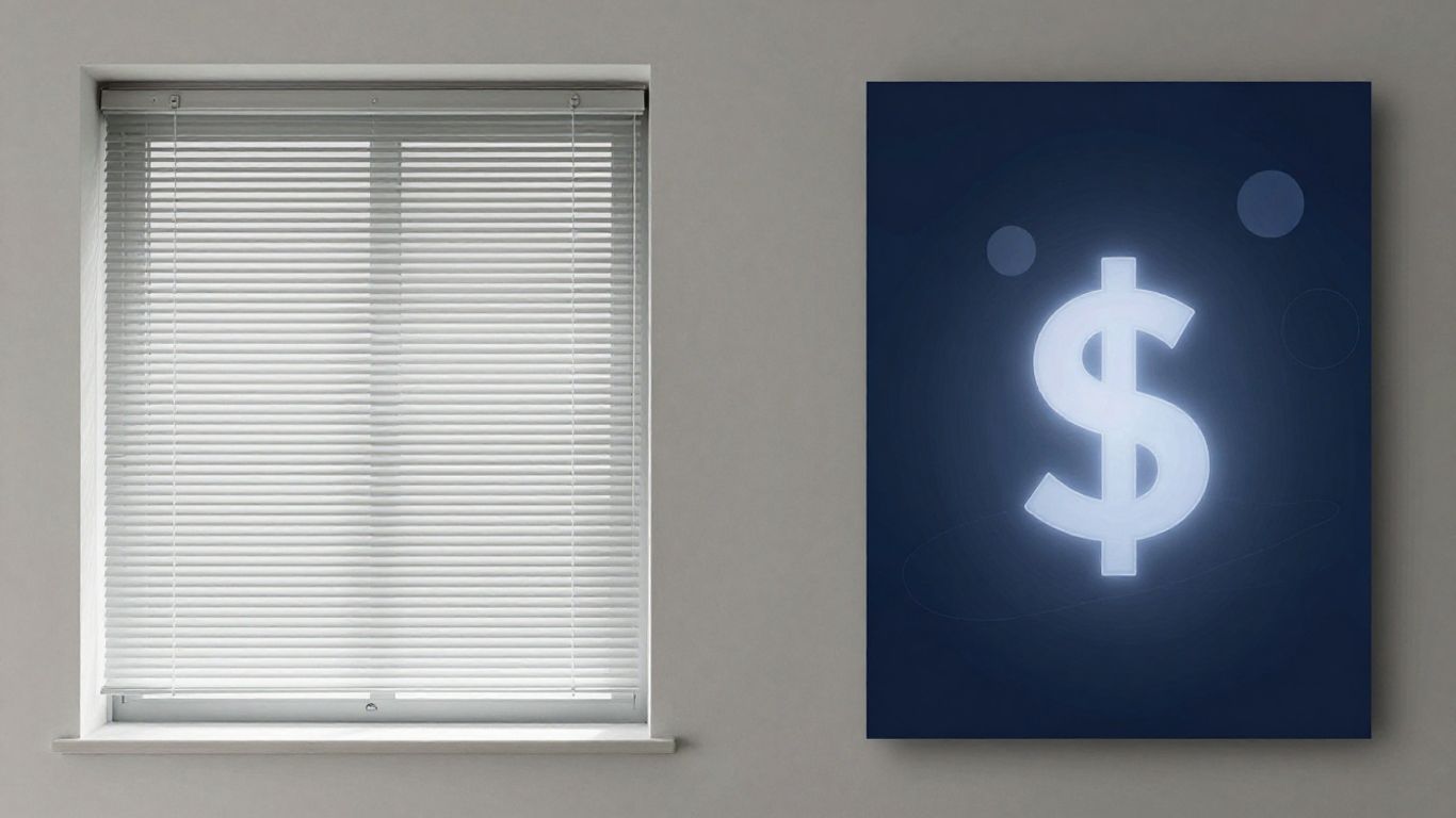 Window treatments next to digital ad campaign elements with dollar sign.