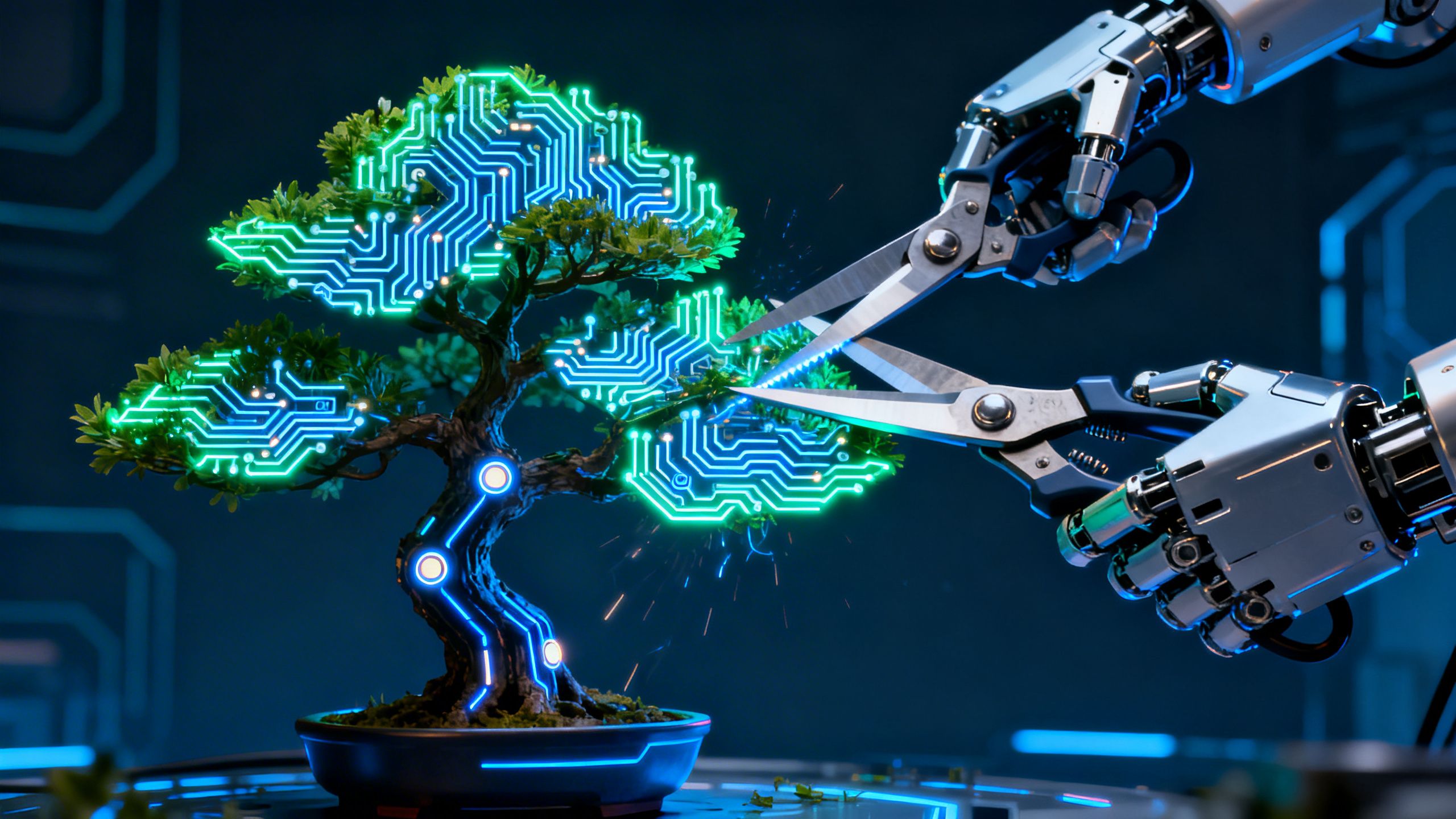 A digital bonsai tree with glowing circuits for leaves, being carefully trimmed by robotic shears, representing the precision of AI model pruning.