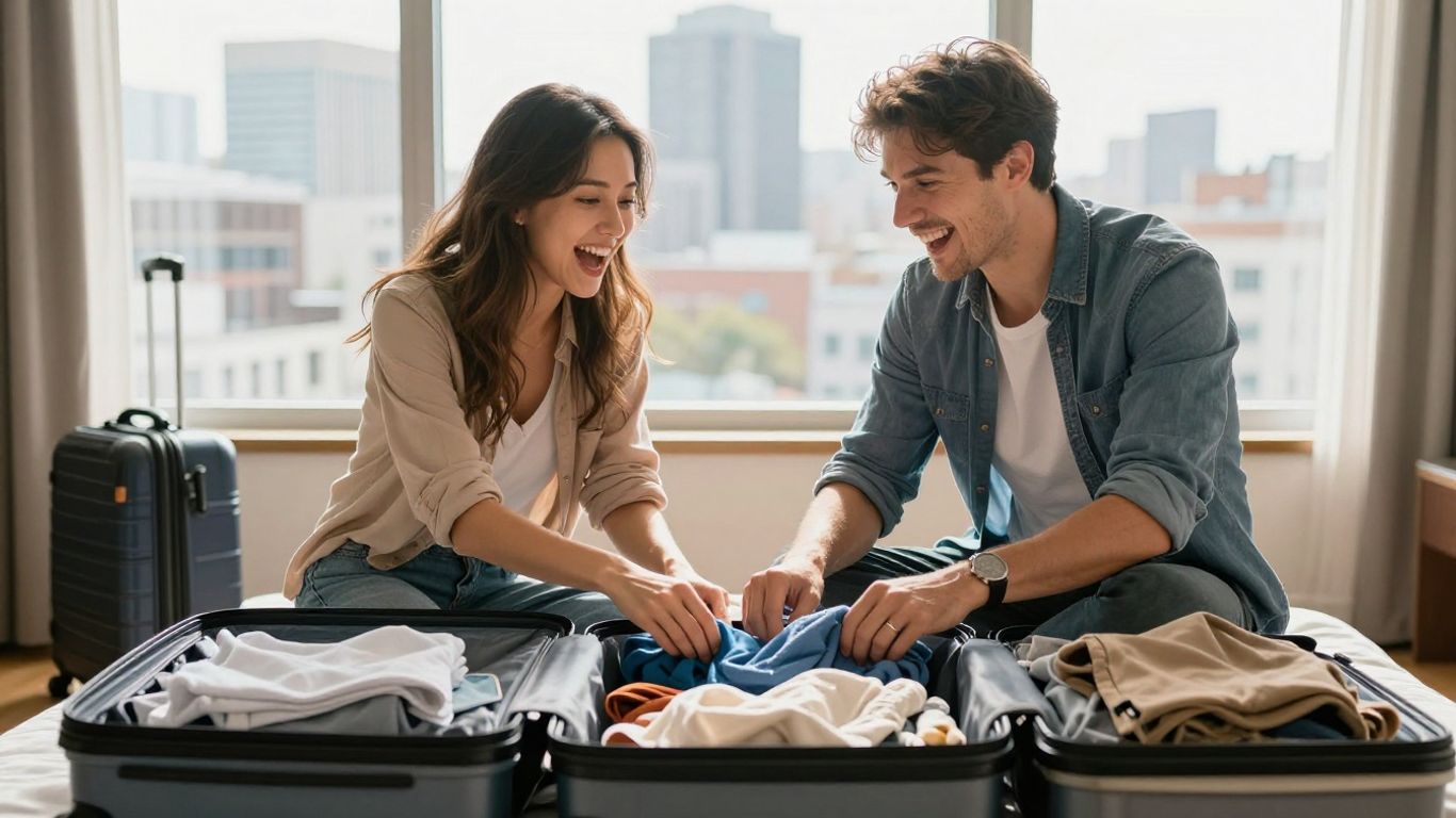 Couple packing for a spontaneous hotel getaway.