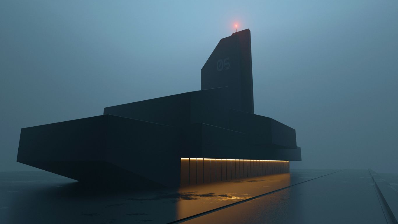 A black building with a red light on top of it