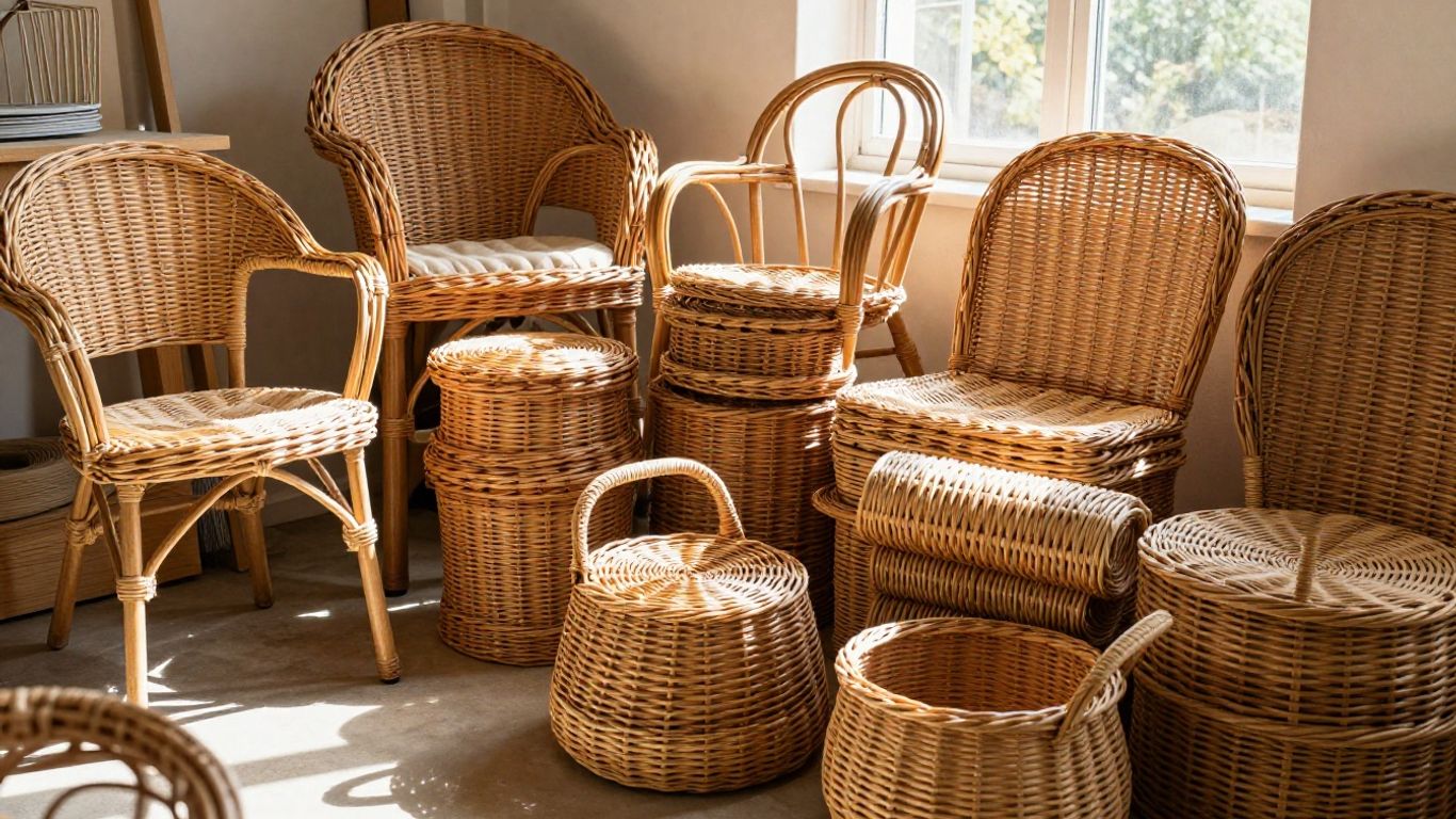 Natural wicker material and furniture in a workshop.