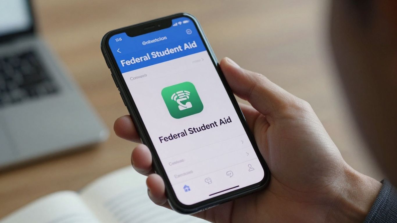 Hand holding phone with Federal Student Aid contact info.