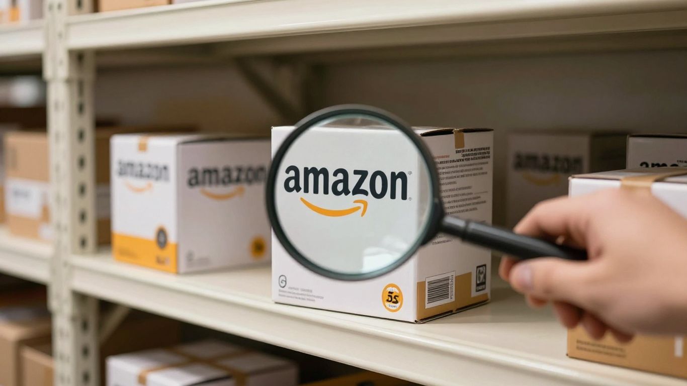 Amazon product box with magnifying glass, warehouse background.