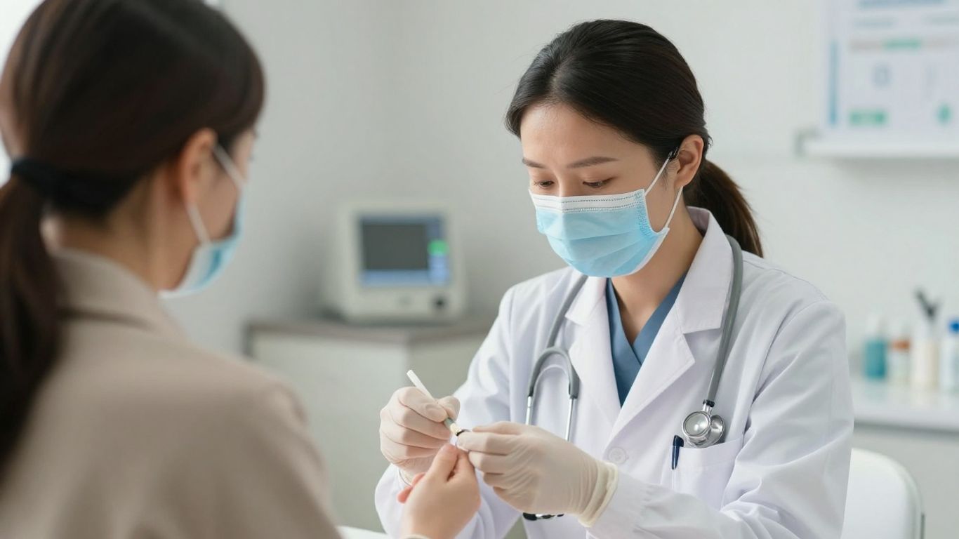 Healthcare worker giving medication to a patient.