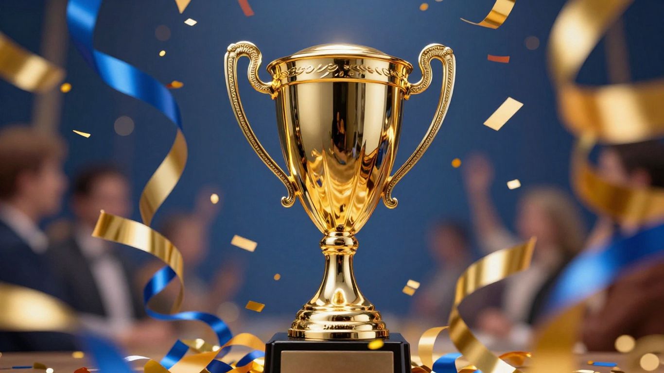 Sweepstakes Marketing. Golden trophy with confetti and swirling lights.