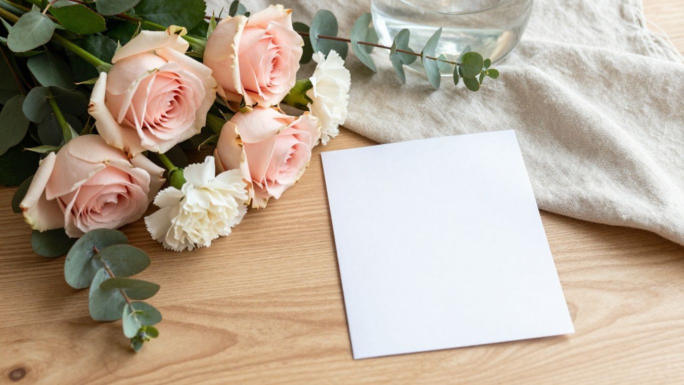 Personalized sympathy bouquet beside a handwritten card