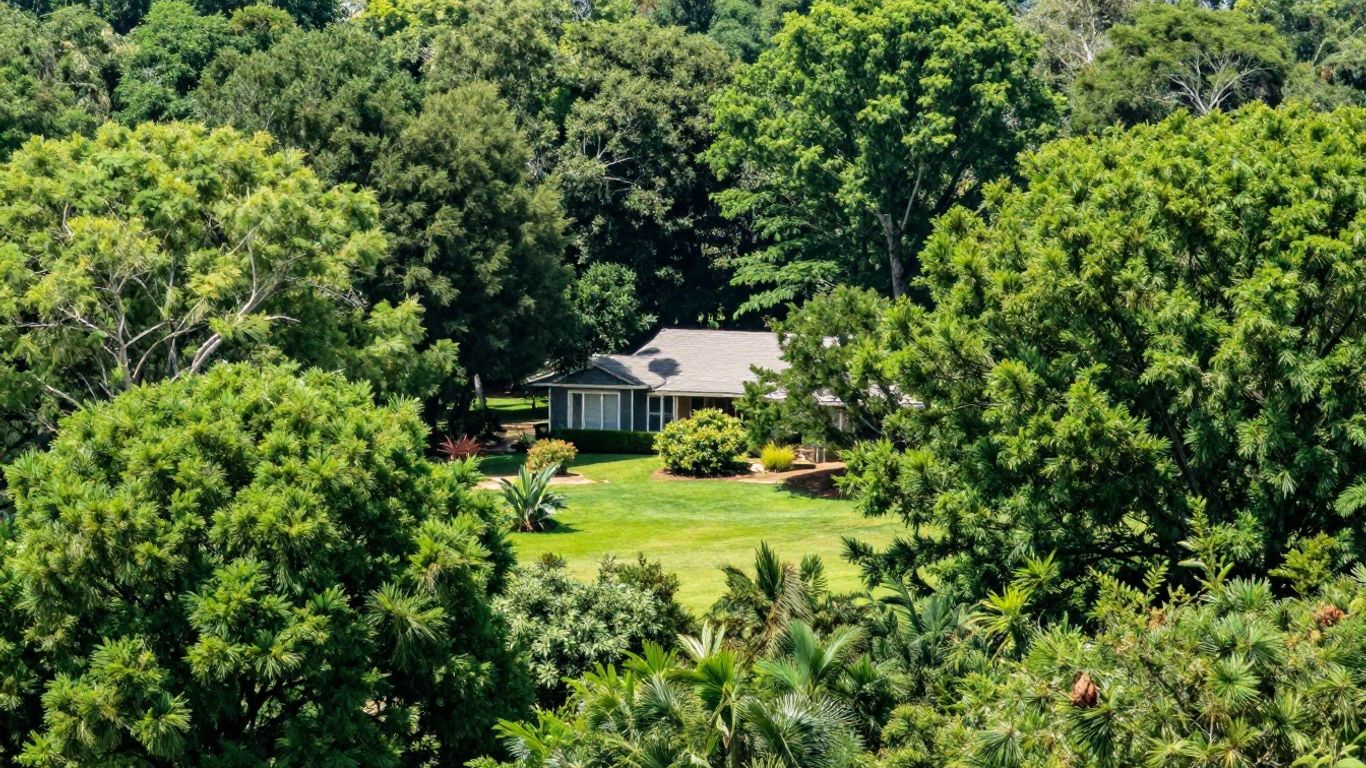 Fire-resistant trees and shrubs surrounding a home.