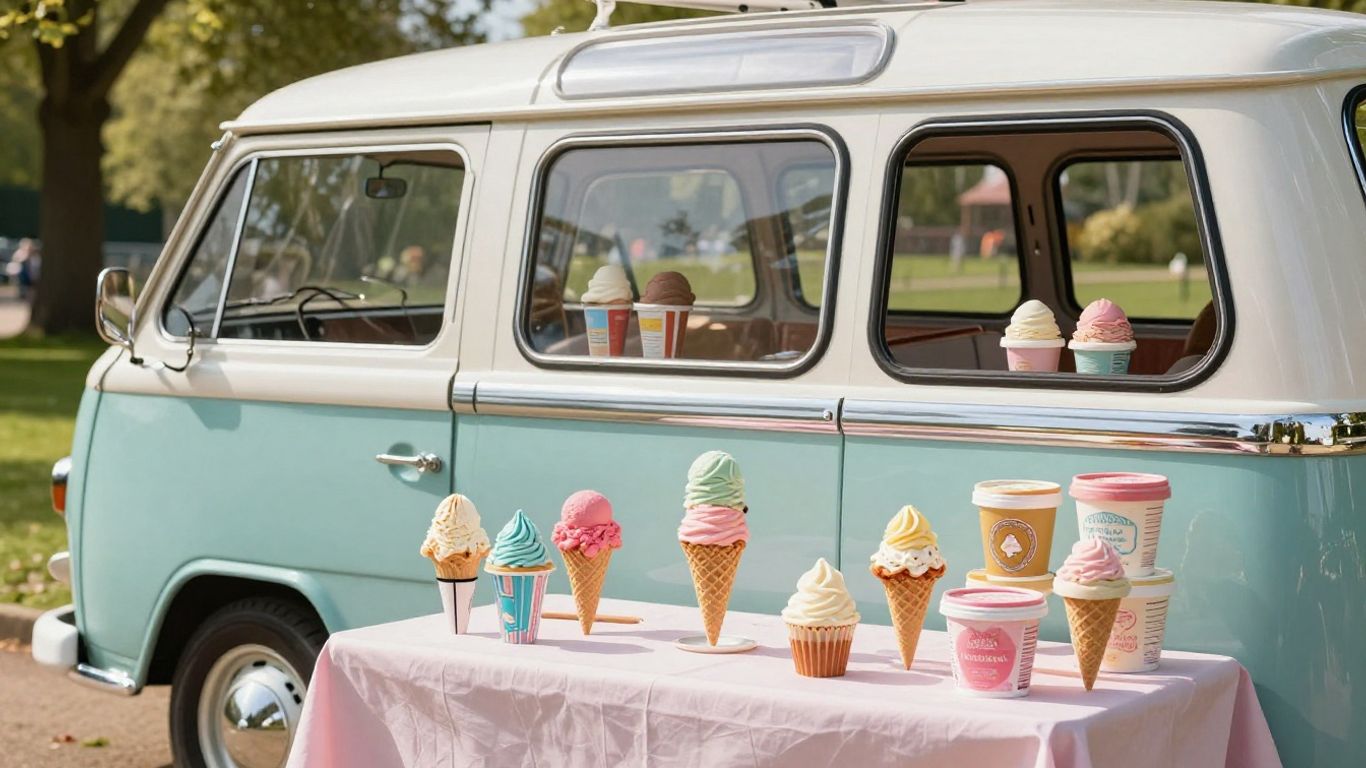 Classic ice cream van with colourful cones and tubs.