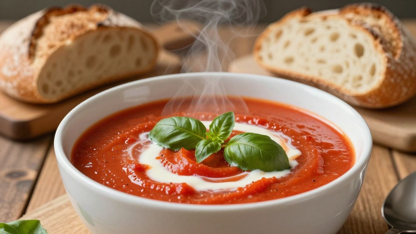 Creamy tomato soup with basil and crusty bread.