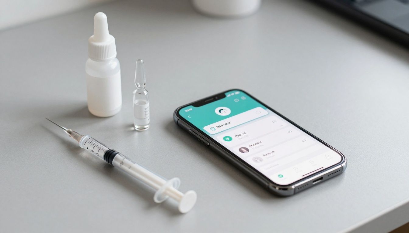 A clean, organized countertop with various supplements, a vial, and a syringe neatly arranged next to a smartphone displaying a health tracking app.