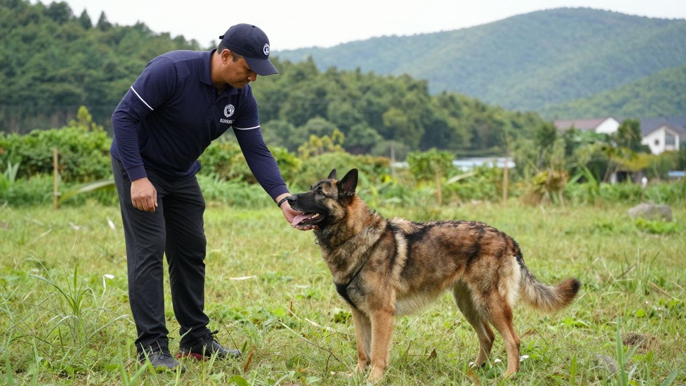 Handler training a rescue dog outdoors in a natural setting.