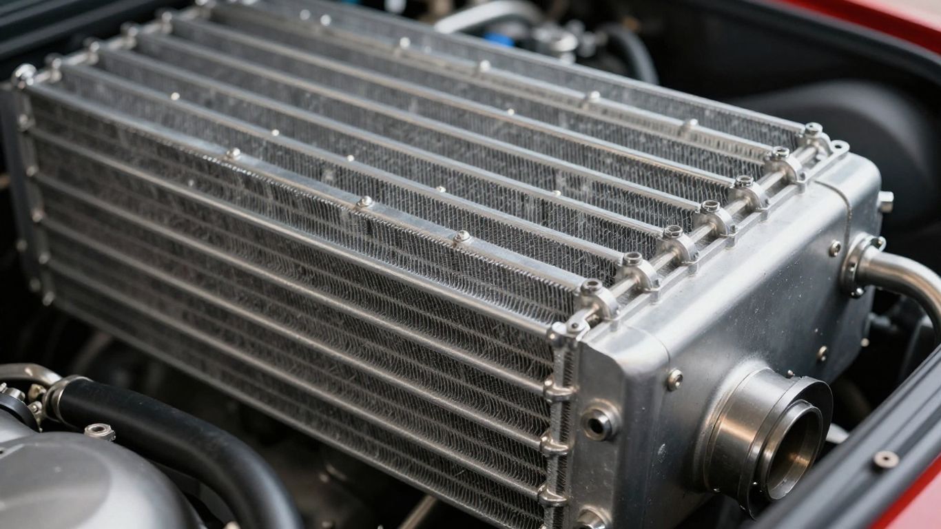 Performance intercooler with visible fins and metallic sheen.