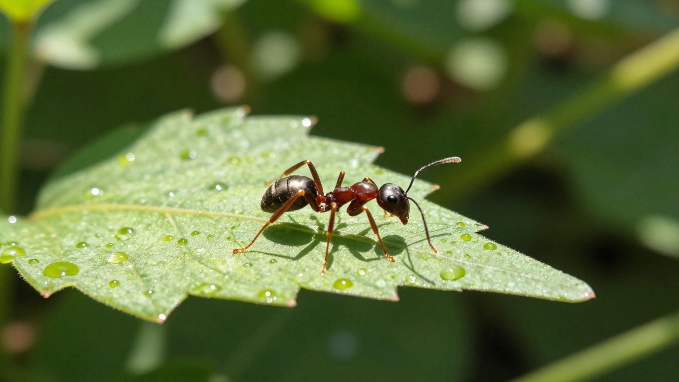 Ant on a green leaf in early spring.
