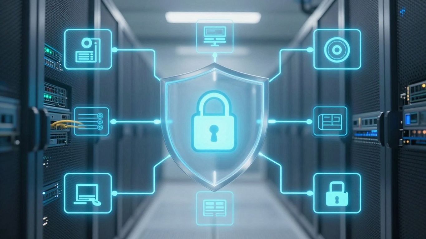 Digital shield protecting small business network from cyber threats.