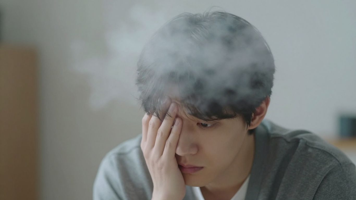 Person with hazy cloud effect over head, looking confused.