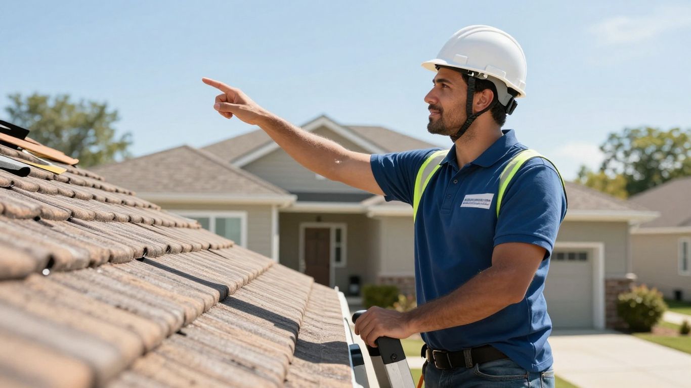 Roofing salesperson on ladder inspecting a new roof.