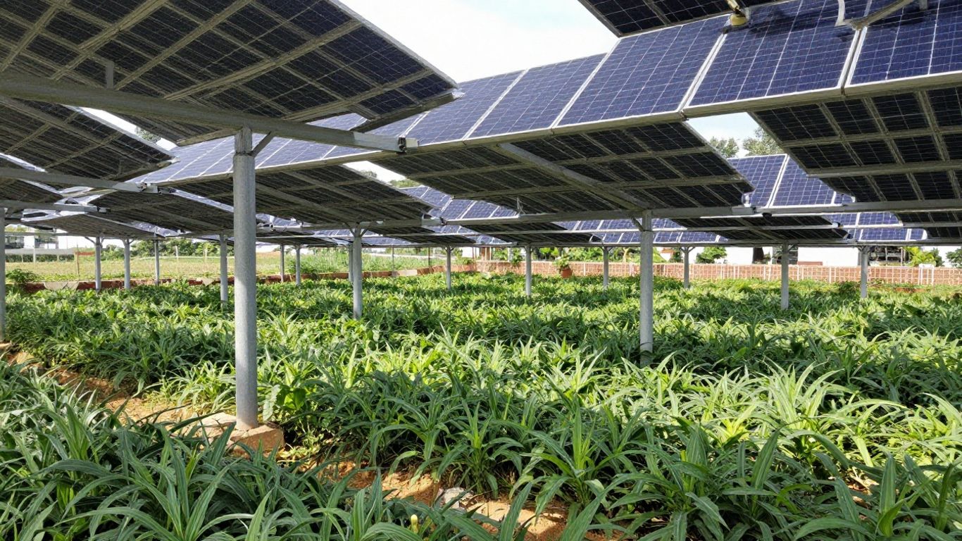 Ombrière photovoltaïque agricole protégeant des cultures sous le soleil.
