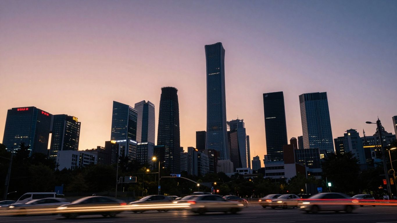 Cityscape at dusk with skyscrapers and light trails.