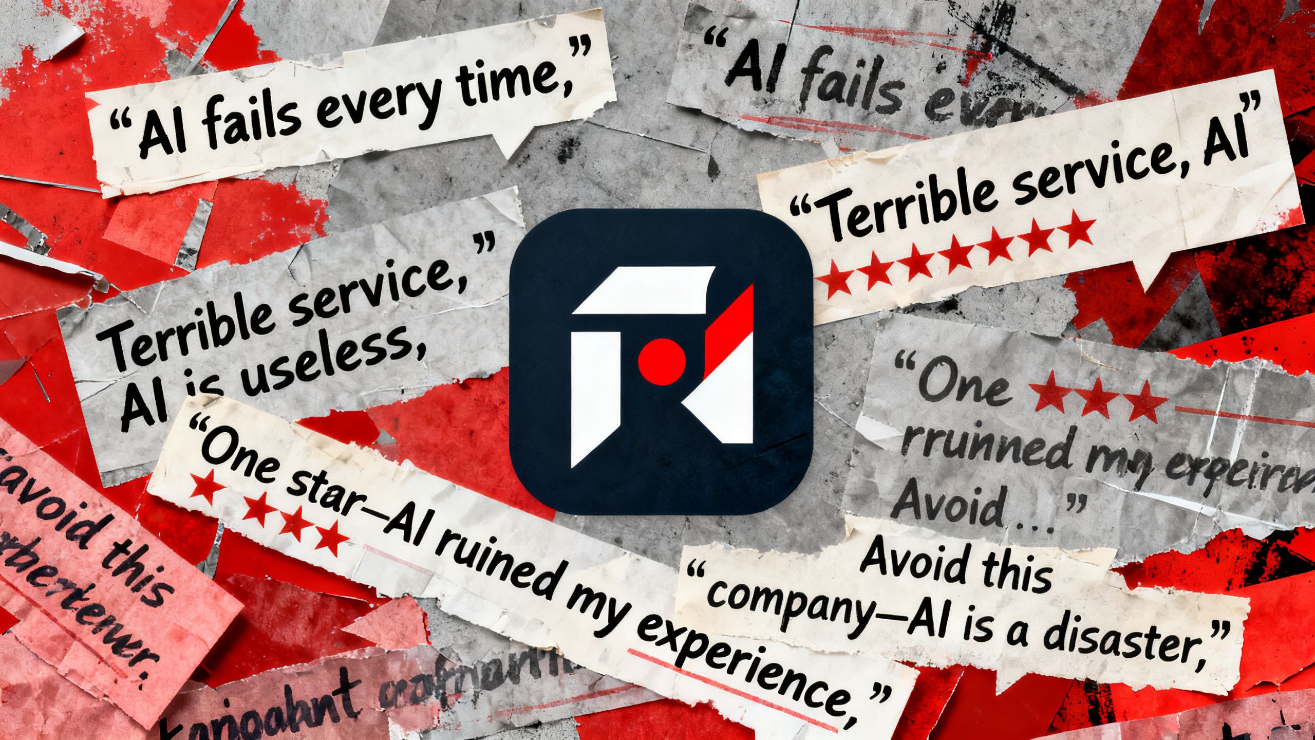 A collage of negative social media comments and one-star reviews surrounding a company logo, symbolizing brand reputation damage from an AI failure.