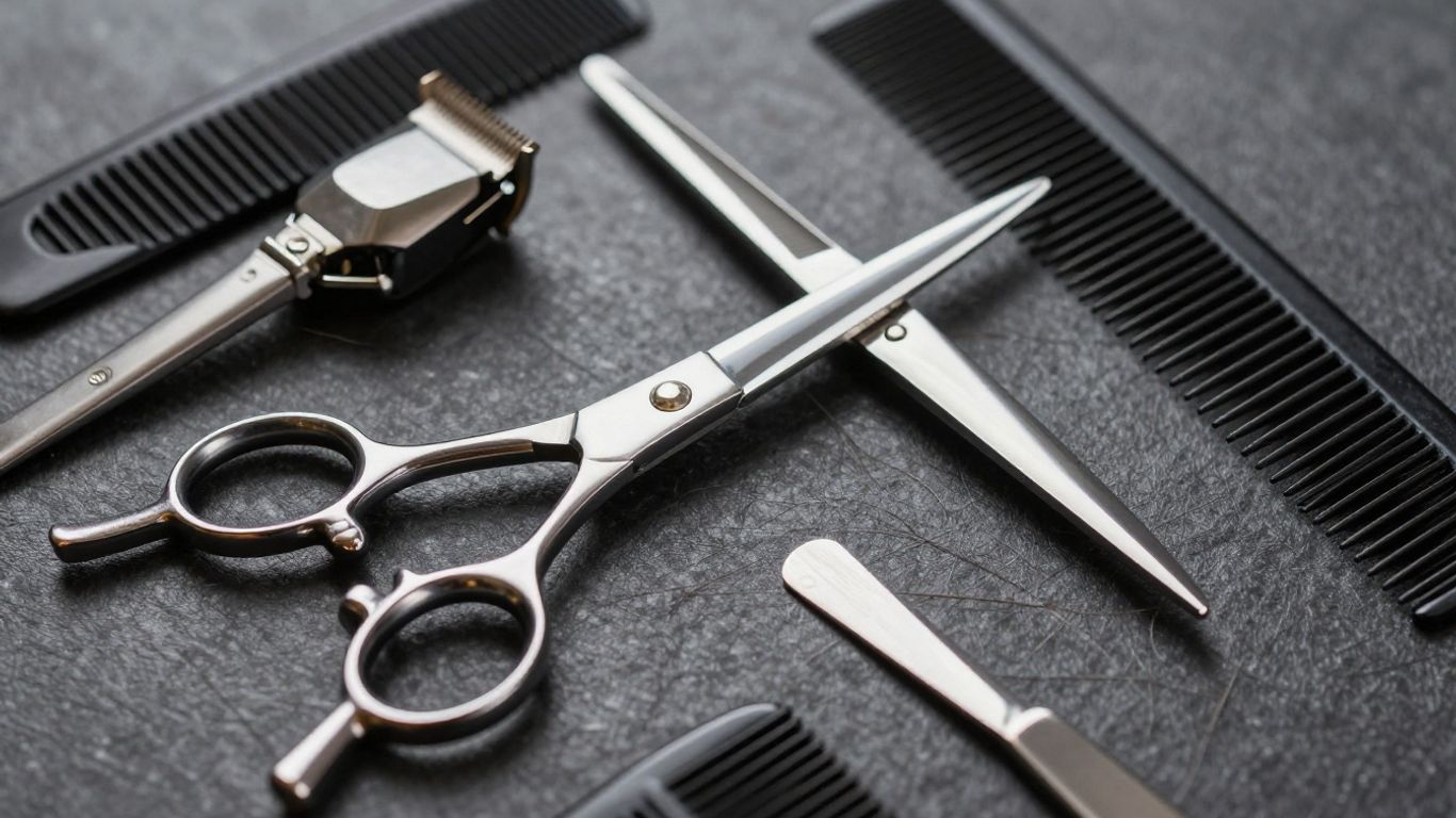 Professional barber tools: scissors, clippers, combs.