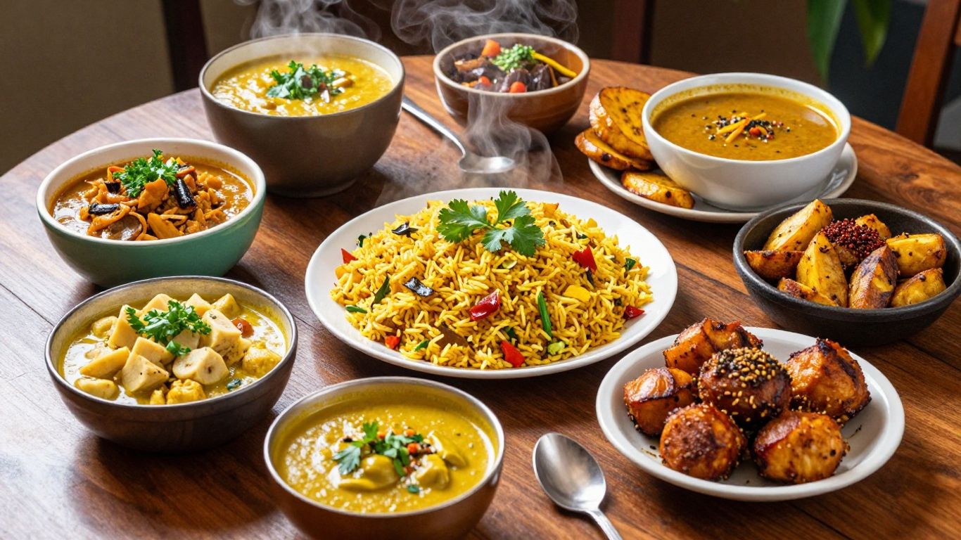 Authentic Nigerian dishes on a wooden table.