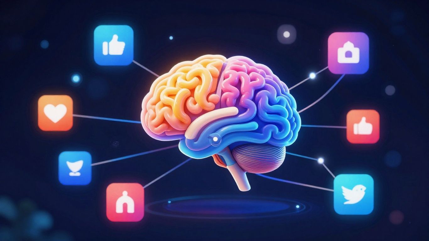 AI social media platform interface with icons and brain graphic.