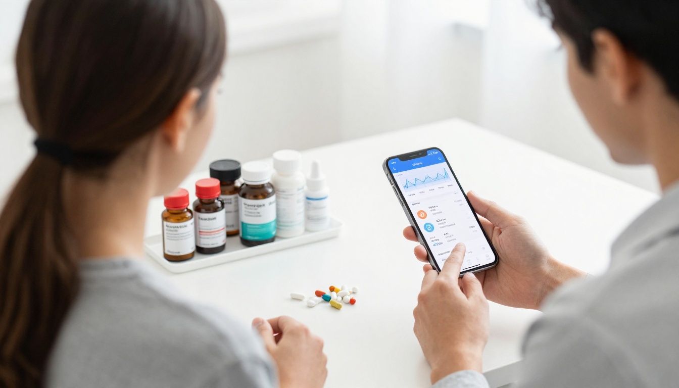 Bright modern health-tech scene with a diverse adult reviewing treatment adherence, symptom trends, supplements, lab results, and recovery data on a smartphone beside an organized wellness routine; realistic, clean, no text or logos