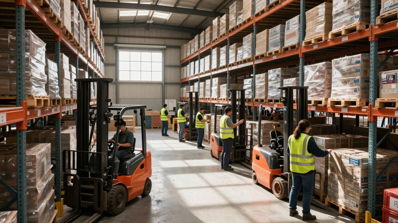 Warehouse operations team optimizing throughput with forklifts and inventory.