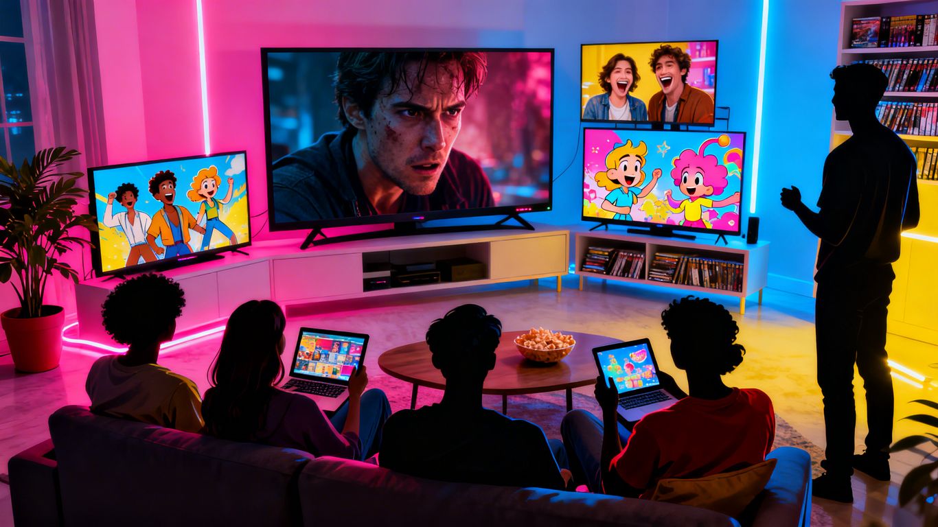People watching colorful screens in modern living rooms