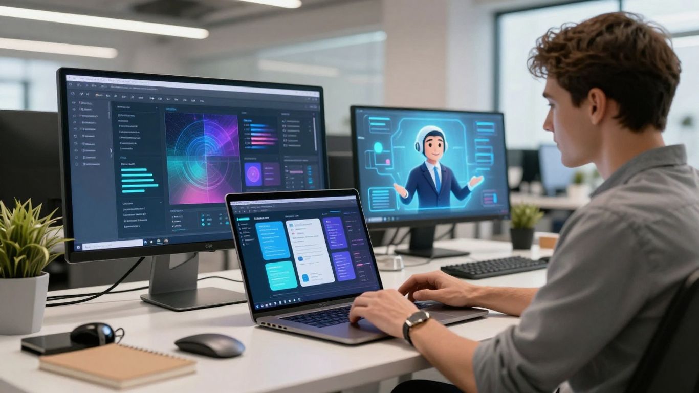 Developer working with AI assistant on laptop