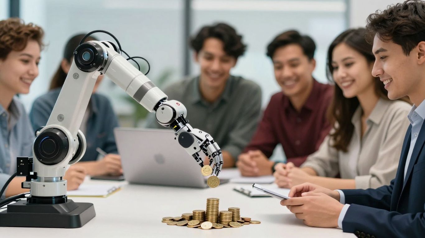 AI robot and people comparing costs for Australian businesses.