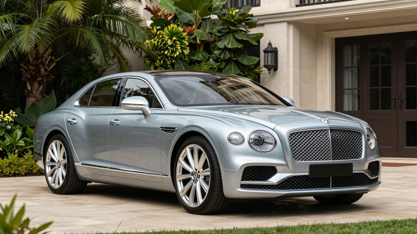Silver Bentley Flying Spur parked on luxury driveway