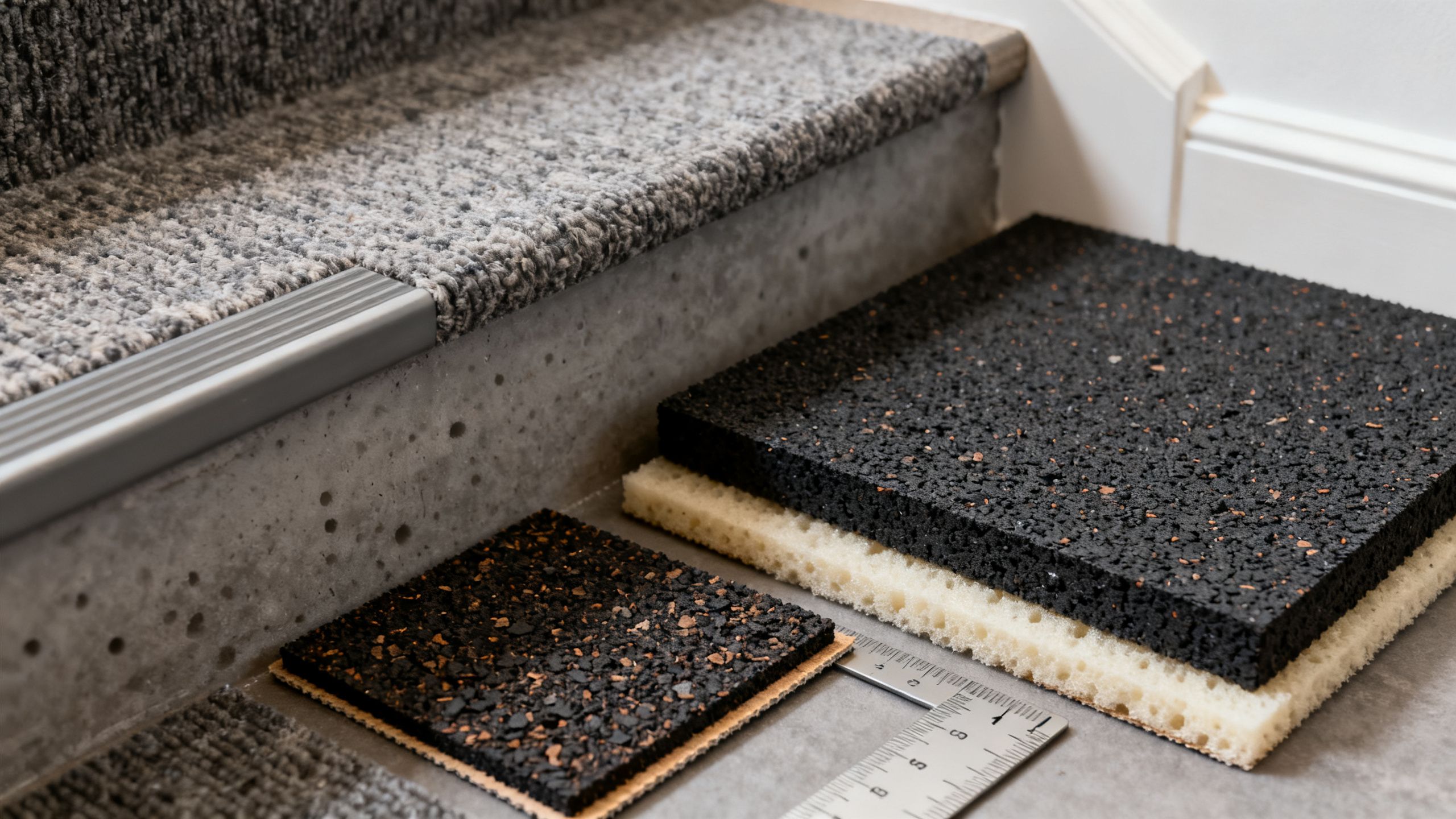 A close-up of dense PU foam and crumb rubber carpet underlay samples beside a stair tread, carpet backing and a millimetre ruler