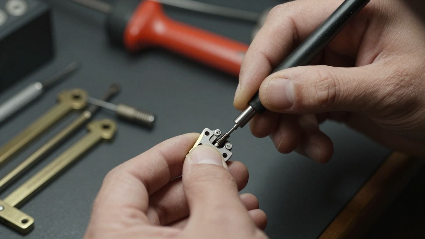 Locksmith working on a lock mechanism with tools.