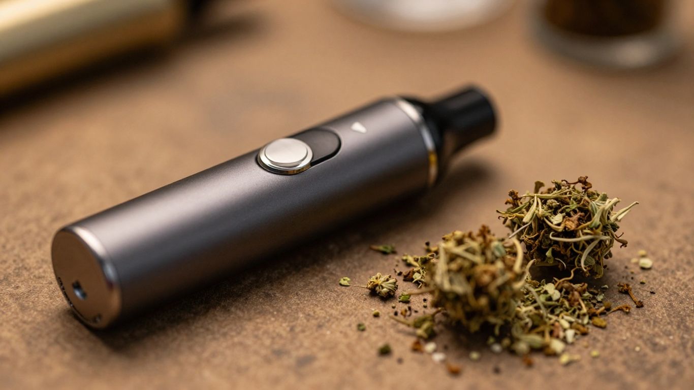 Vape pen and cannabis flower side-by-side.