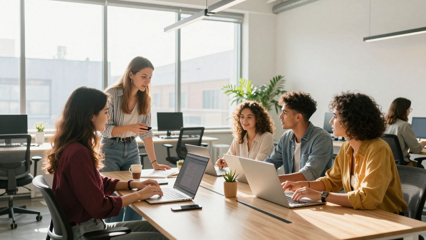 Team collaborating in a bright, modern office.