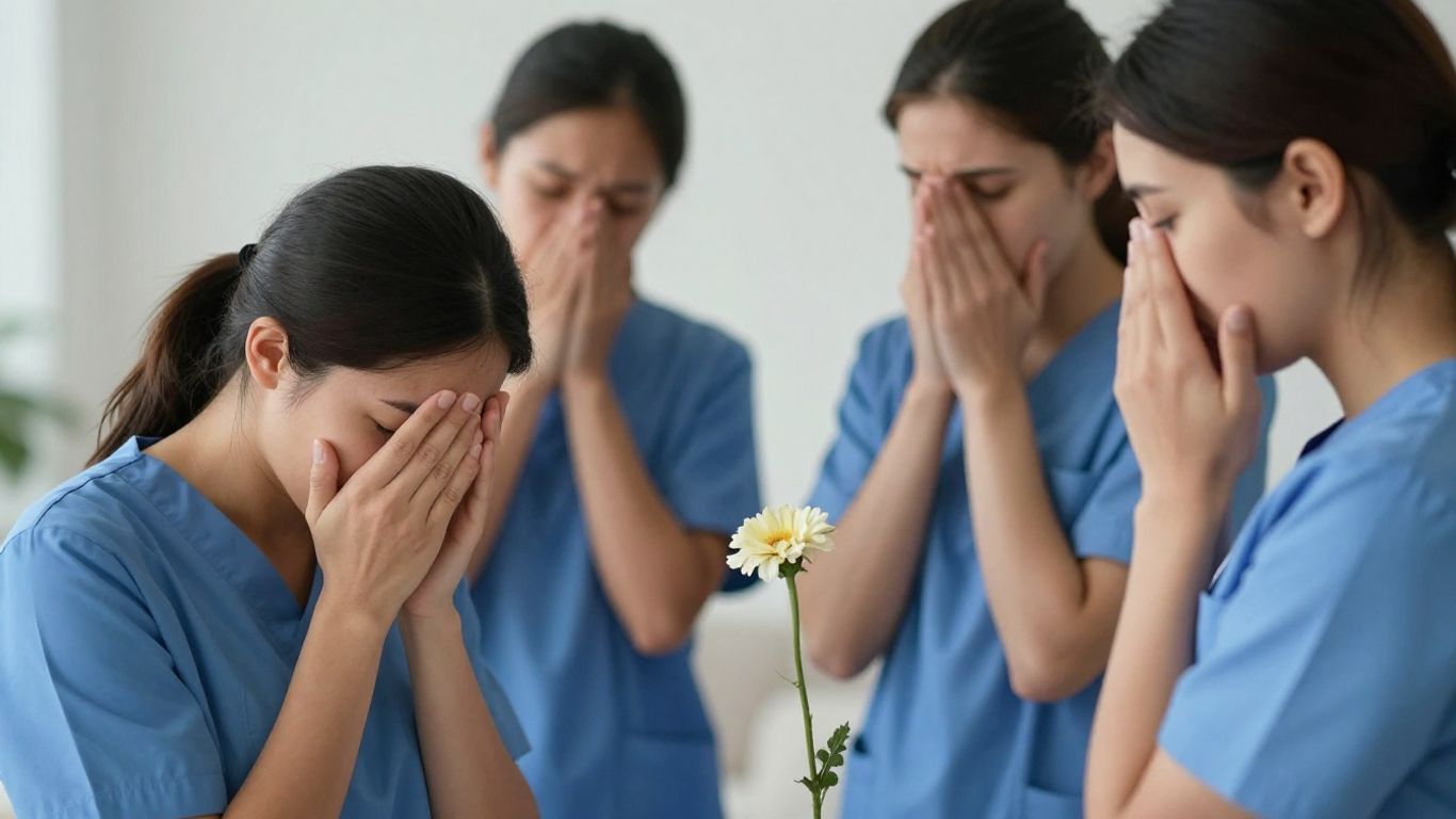 Travailleurs sociaux déçus devant un bâtiment gouvernemental.