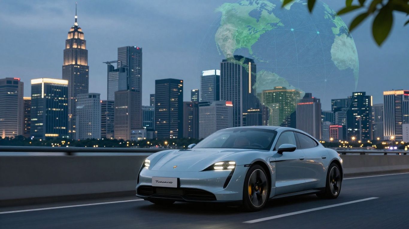 Porsche Taycan driving through a city with global and green elements.