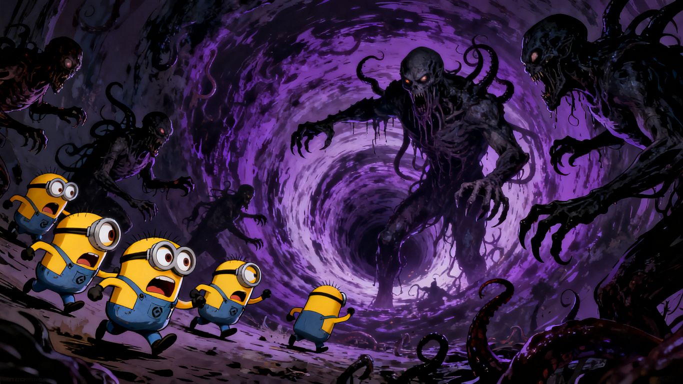 Minions terrified by eldritch horrors emerging from a vortex.