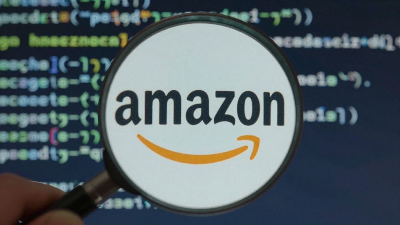 Magnifying glass over Amazon logo, digital background
