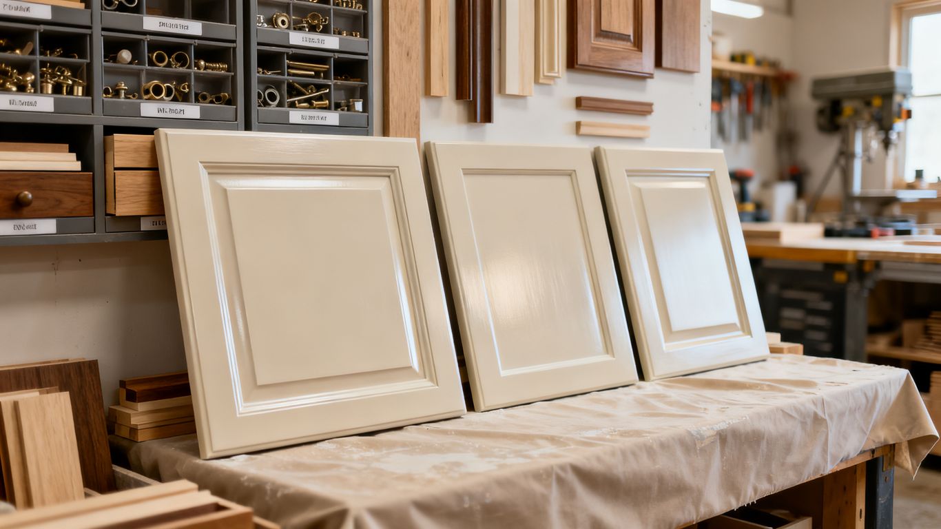 Painter finishing cabinet doors in a clean workshop