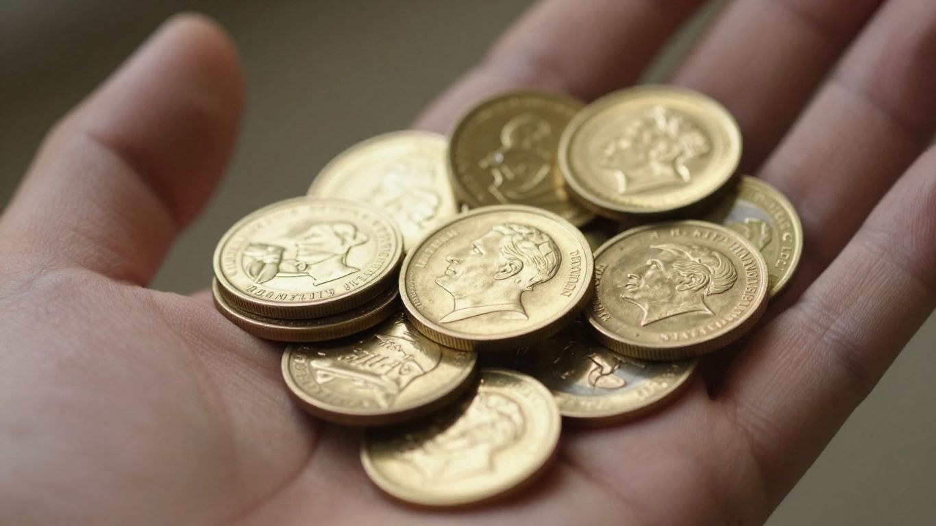 يد ذهبية تحمل عملات ذهبية قديمة وحديثة.