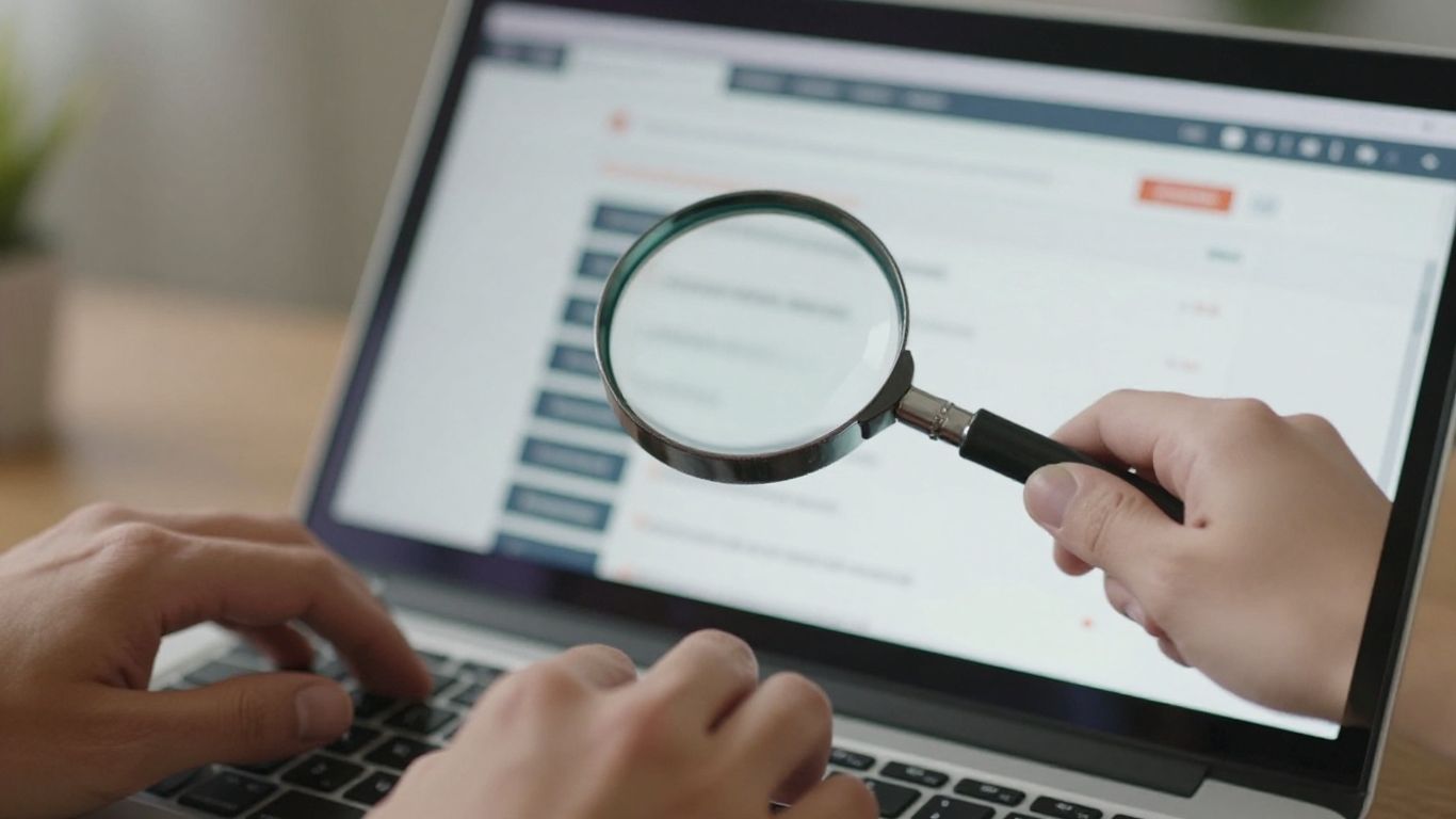 Hands typing on laptop, analyzing website links.