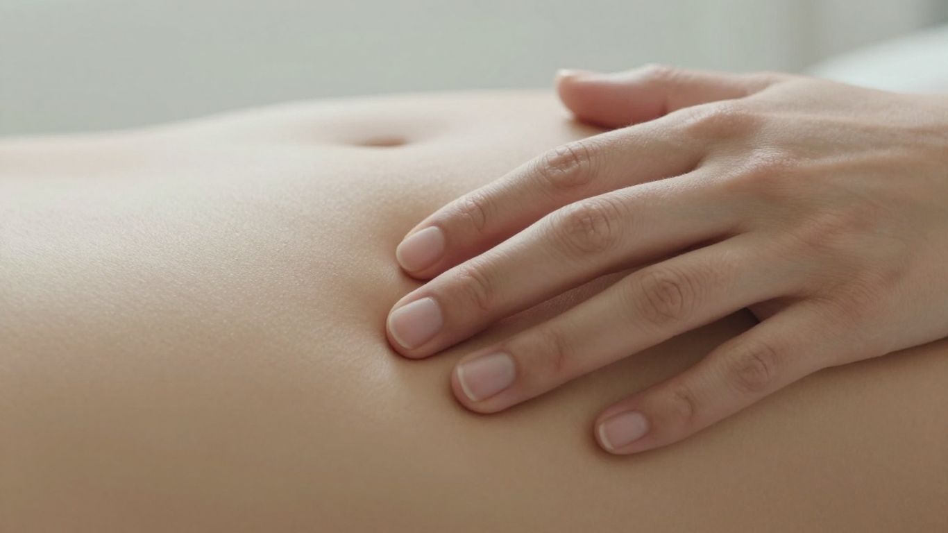Mulher tocando o abdômen com desconforto sutil.